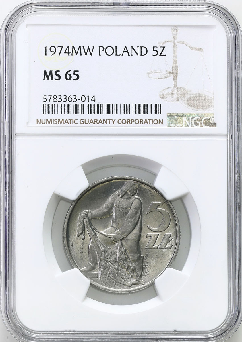 PRL. 5 złotych 1974 Rybak - TRAWKA -  Aluminium NGC MS65 - RZADKOŚĆ